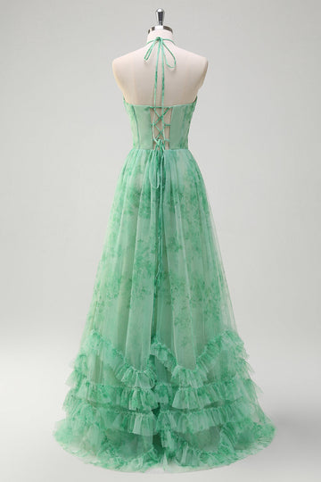 Verde A-Line Halter corsetto floreale volant lungo Abito da cerimonia con fessura